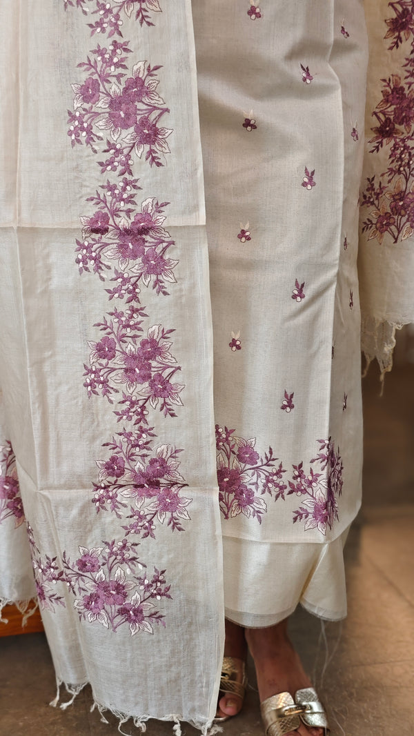 Lilac embroidery on cream tussar silk suit - 963DC