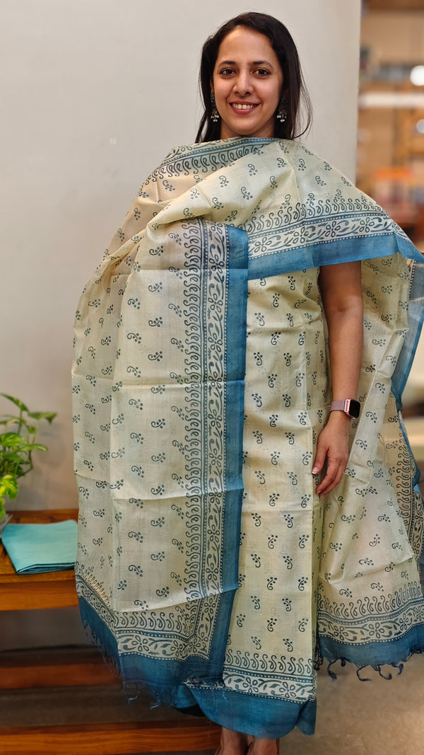 Pale pista green and blue tussar silk suit