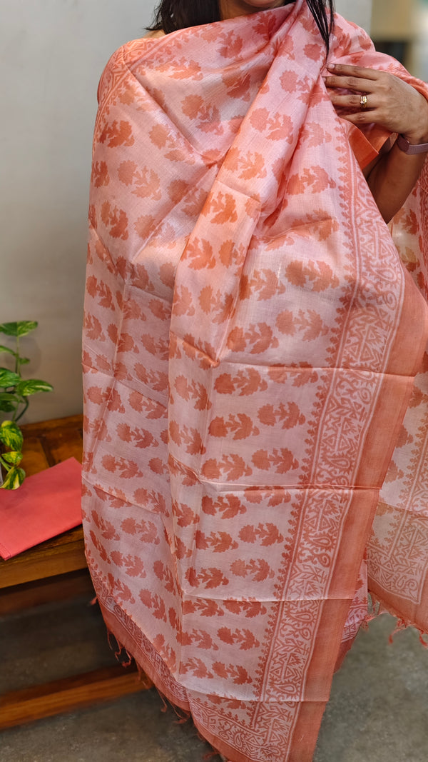 Peach block printed tussar silk suit