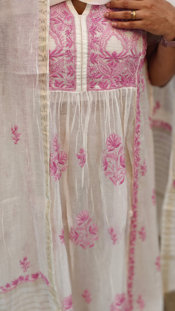 Lilac on off white mul chanderi suit