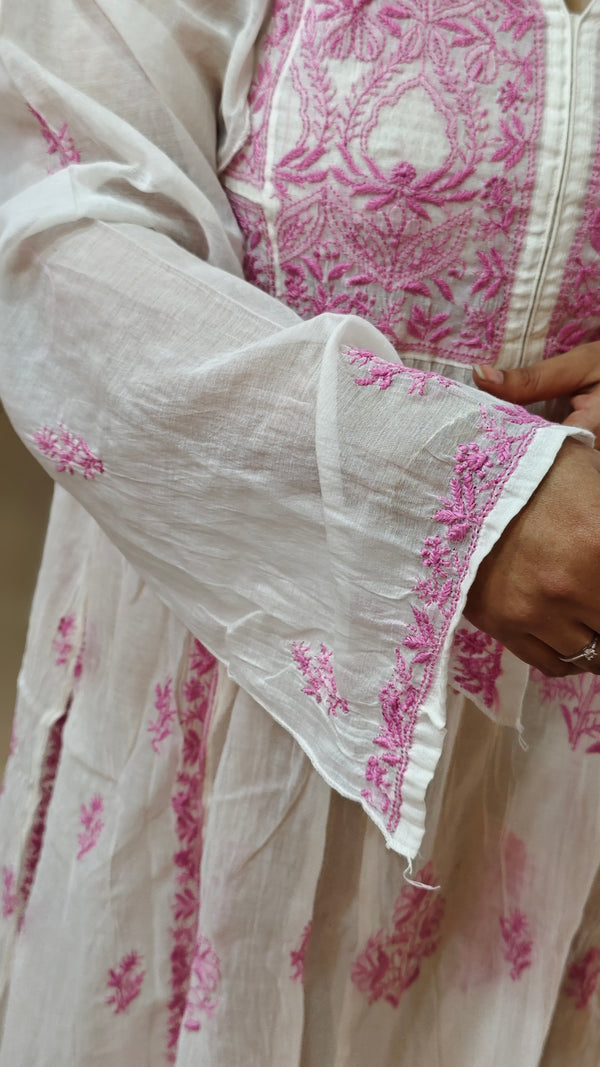 Lilac on off white mul chanderi suit