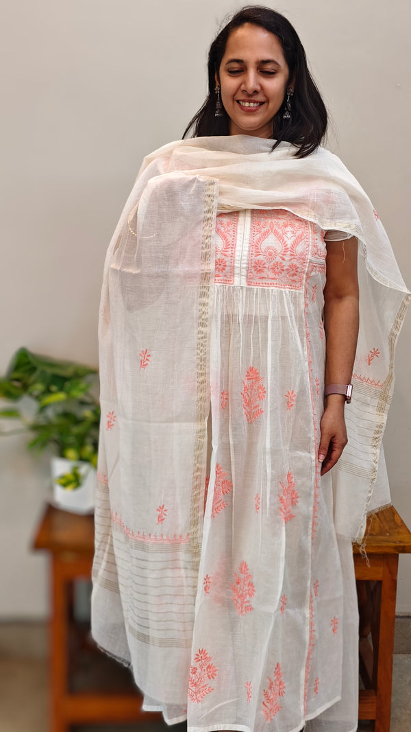 Peach on off white mul chanderi suit