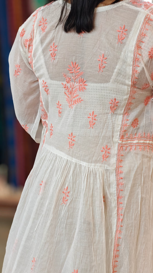 Peach on off white mul chanderi suit