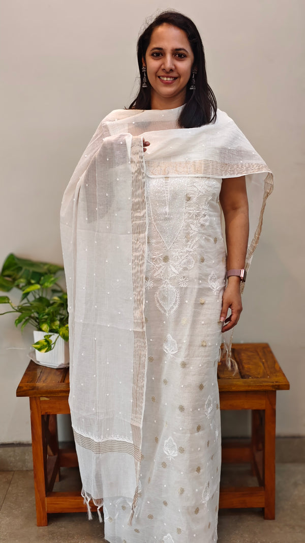 Off white banarasi mul chanderi suit with glass bead work