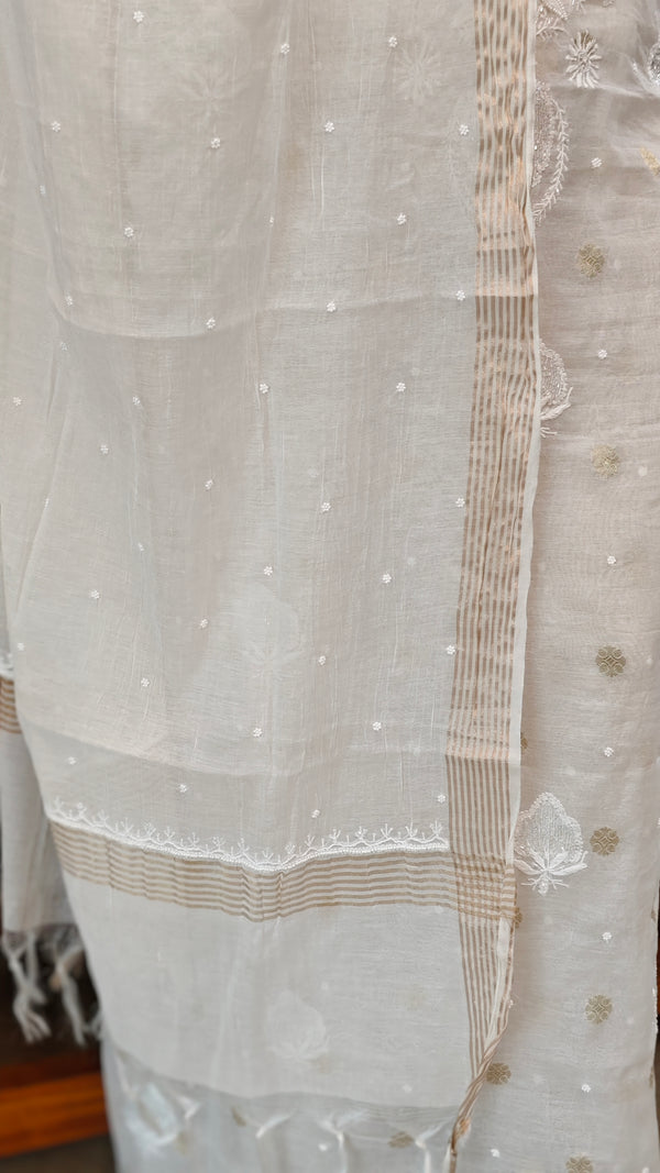 Off white banarasi mul chanderi suit with glass bead work