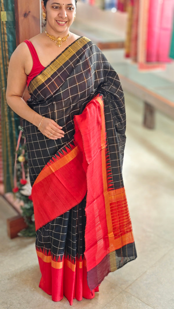 Black and red Raw silk saree