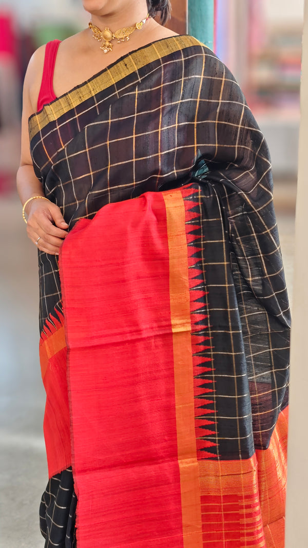 Black and red Raw silk saree