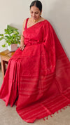 Red embroidered tussar silk saree