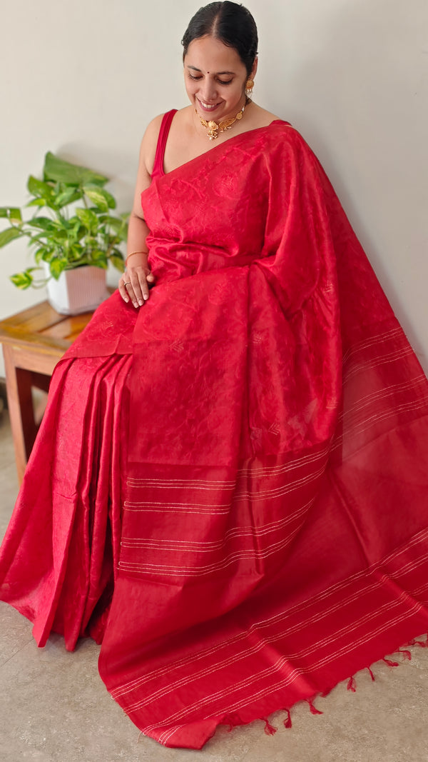 Red embroidered tussar silk saree
