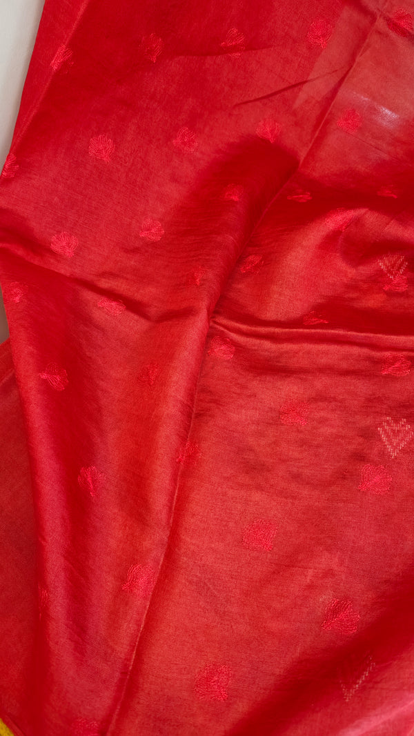 Red embroidered tussar silk saree