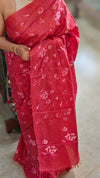Cherry Red Lined Noil Tussar Silk Saree - LNC08