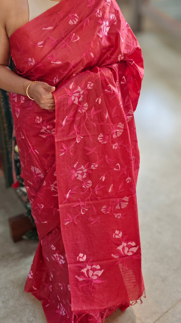 Cherry Red Lined Noil Tussar Silk Saree - LNC08