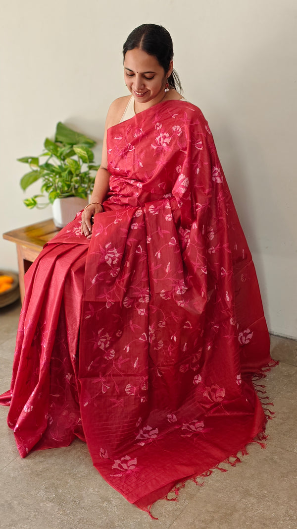 Cherry Red Lined Noil Tussar Silk Saree - LNC08