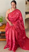 Cherry Red Lined Noil Tussar Silk Saree - LNC08