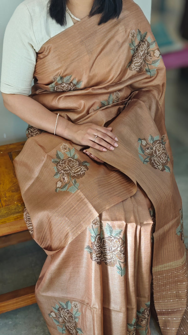 Chocolate brown tussar silk saree-ADZ67