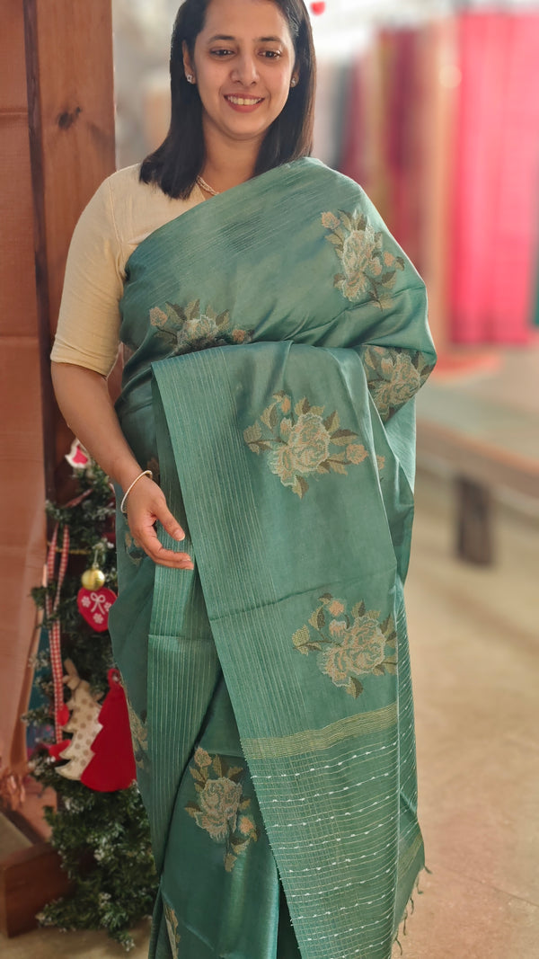 Teal green tussar silk saree -ADZ67
