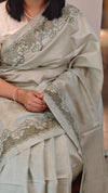 Sage green cutwork tussar silk saree
