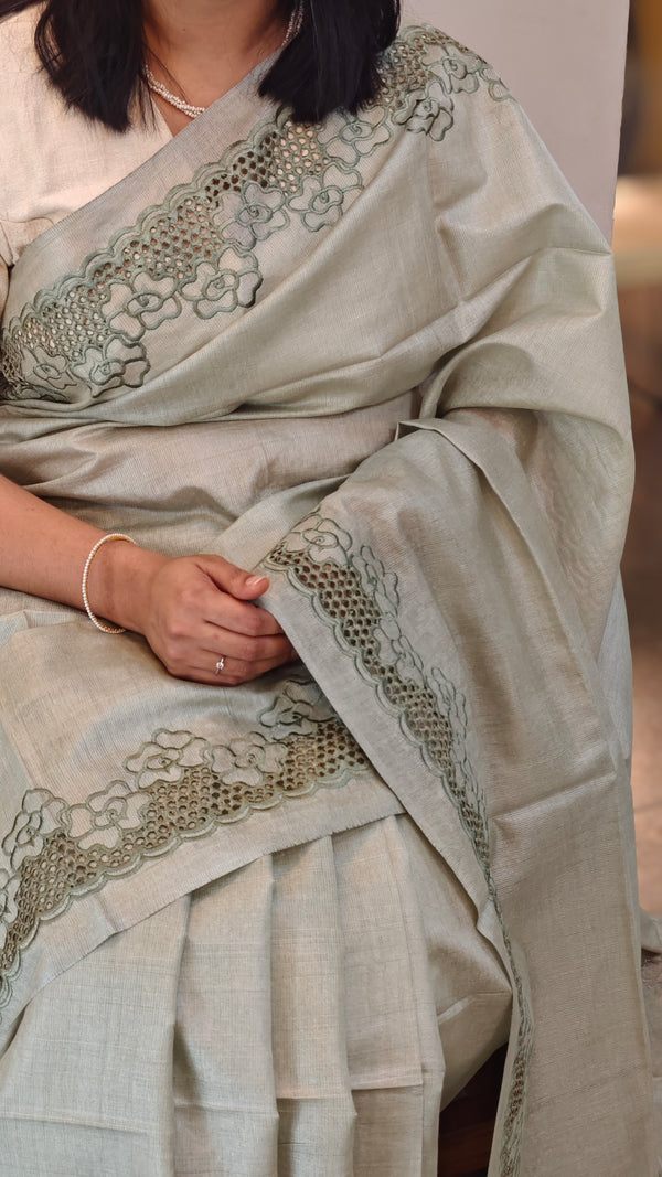 Sage green cutwork tussar silk saree