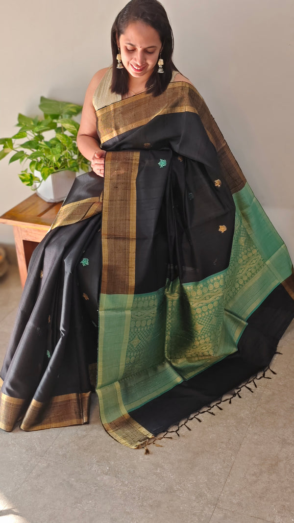 Black and green raw silk saree - SRW62