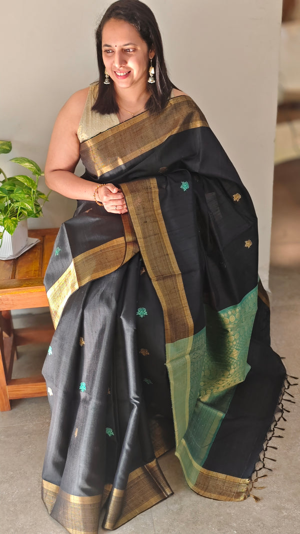 Black and green raw silk saree - SRW62