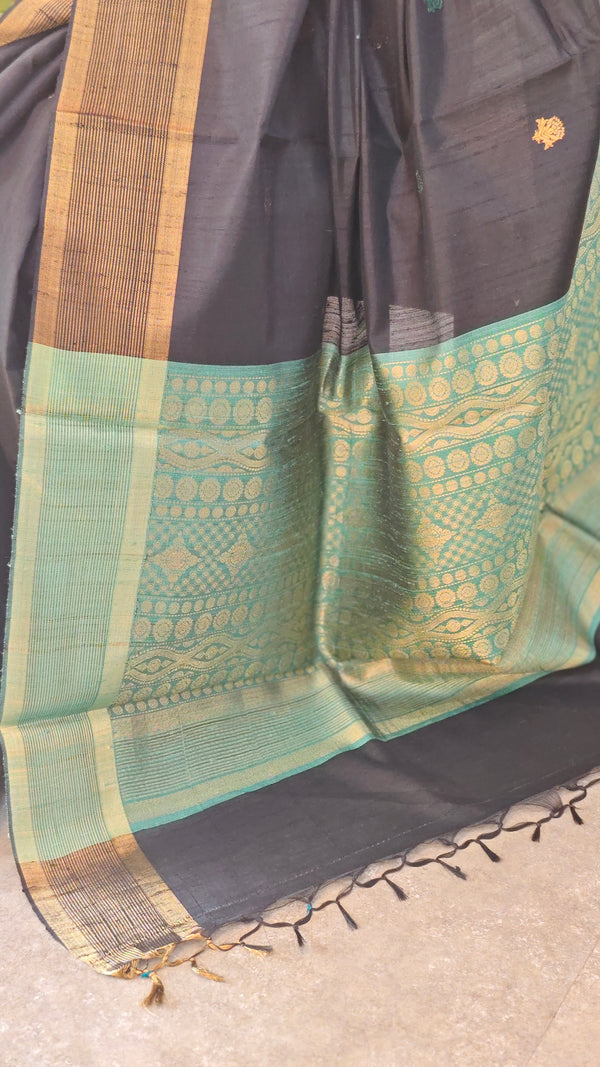 Black and green raw silk saree - SRW62