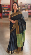 Black and green raw silk saree - SRW62