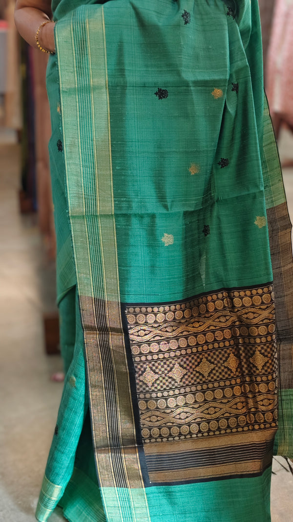 Green and black raw silk saree - SRW62