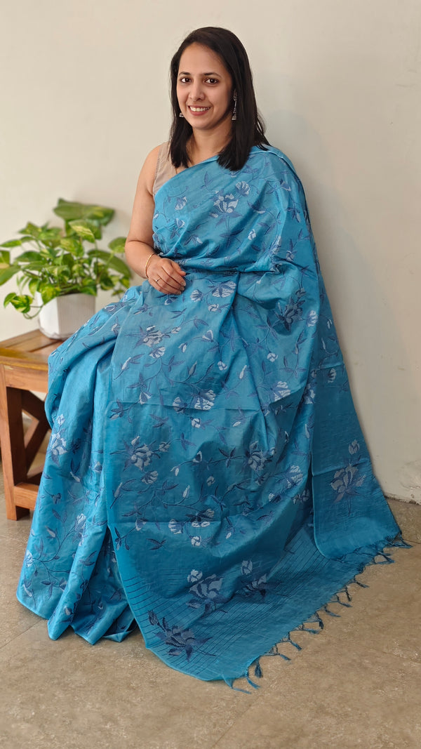 Bondi blue embroidered tussar silk saree