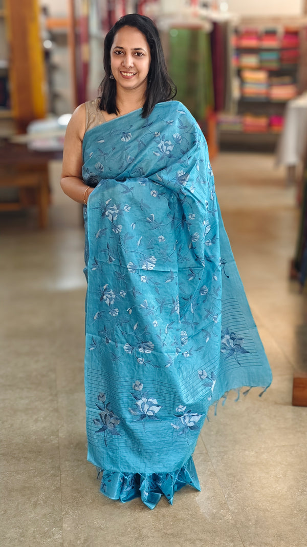 Bondi blue embroidered tussar silk saree
