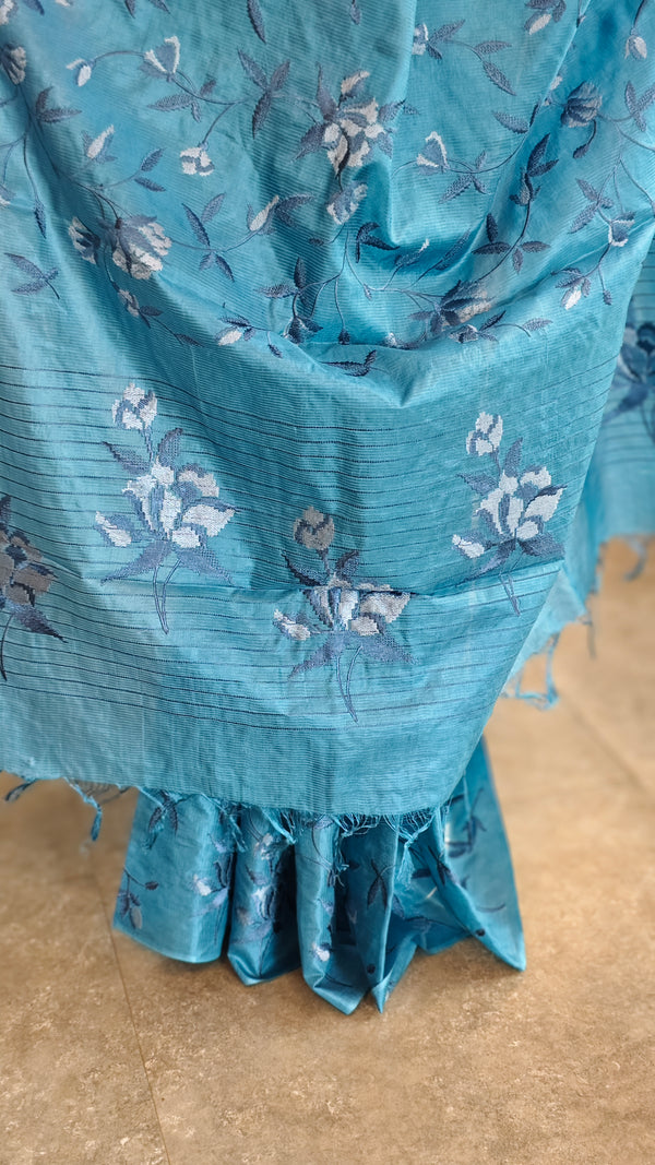 Bondi blue embroidered tussar silk saree