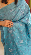 Bondi blue embroidered tussar silk saree