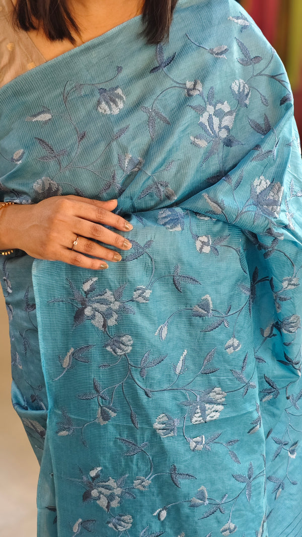 Bondi blue embroidered tussar silk saree