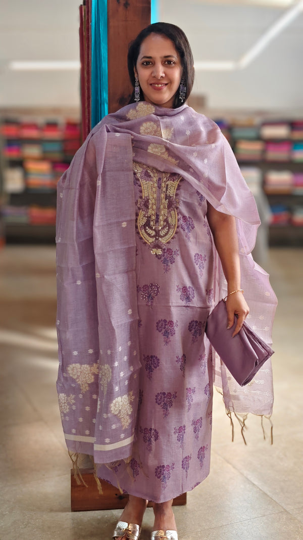 Dark lavender block printed chanderi suit
