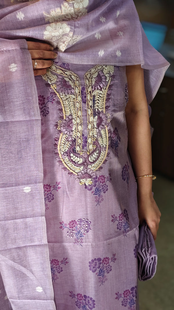Dark lavender block printed chanderi suit