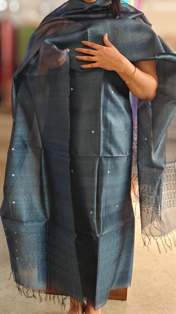 Peacock blue tussar organza suit