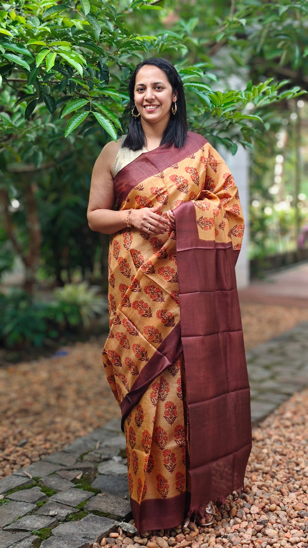 Mustard and mauve tussar silk saree