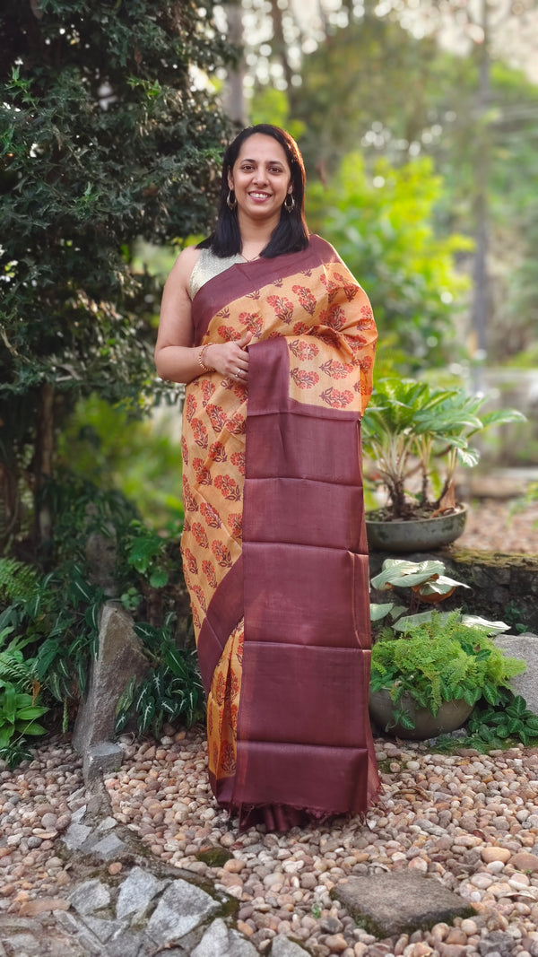 Mustard and mauve tussar silk saree
