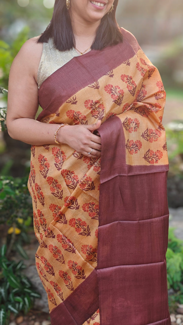 Mustard and mauve tussar silk saree