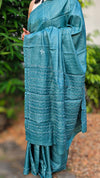 Teal blue hand embroidered tussas silk saree - 40903