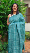 Teal blue hand embroidered tussas silk saree - 40903