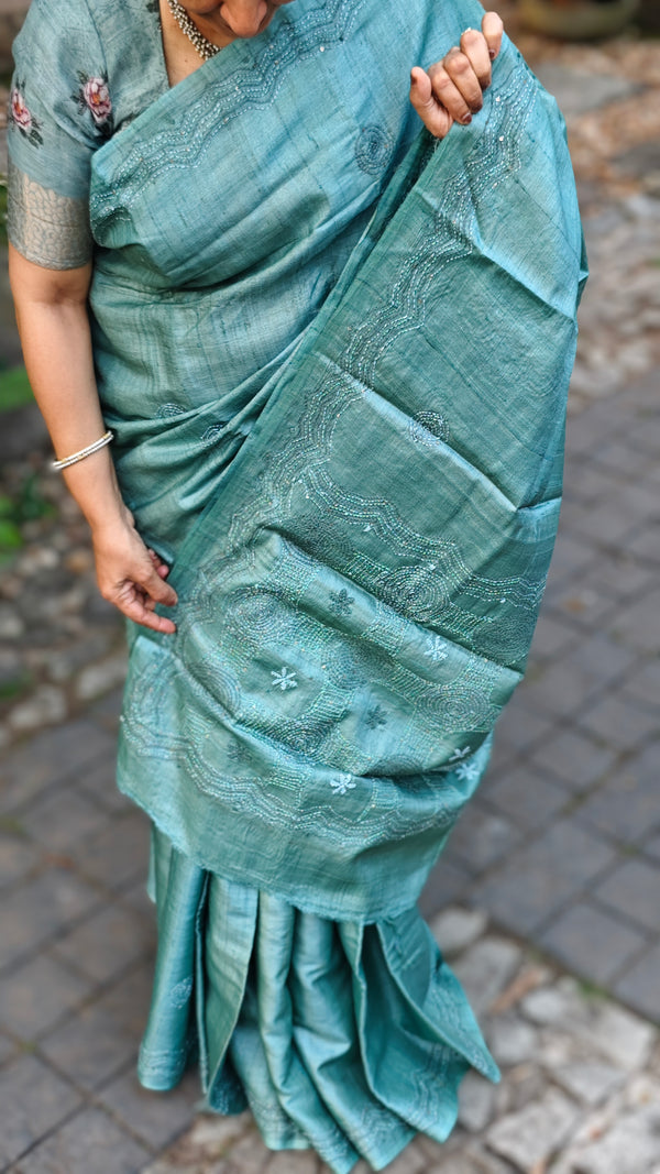 Teal green hand embroidered tussar silk saree - 40903
