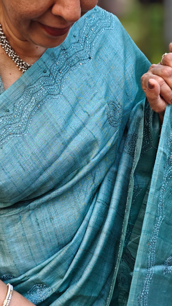 Teal green hand embroidered tussar silk saree - 40903