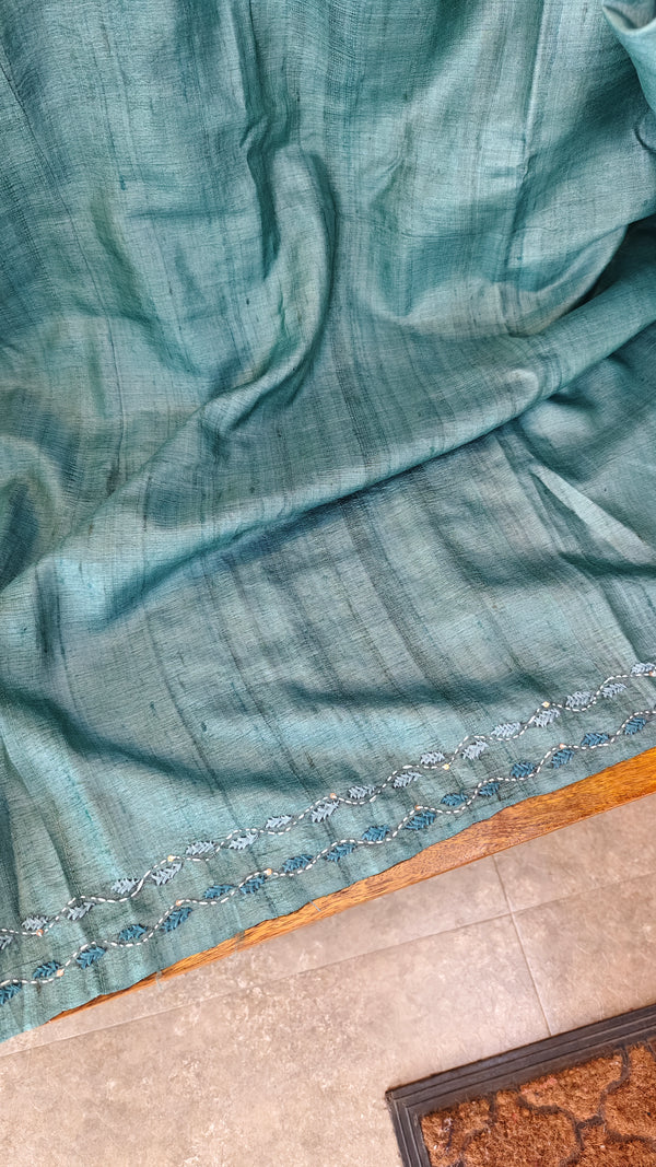 Teal blue hand embroidered tussas silk saree - 40903