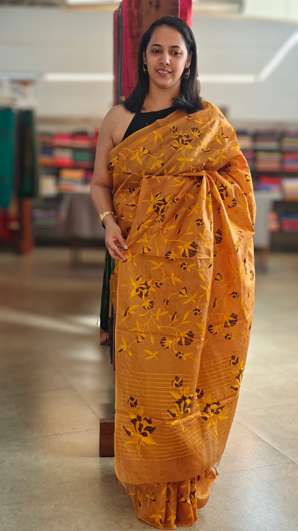 Golden mustard and black lined noil tussar silk saree - LNC08