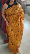 Golden mustard and black lined noil tussar silk saree - LNC08