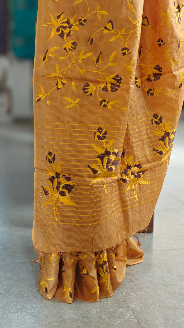 Golden mustard and black lined noil tussar silk saree - LNC08