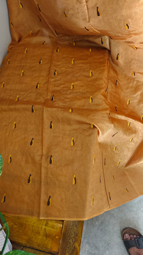 Golden mustard and black lined noil tussar silk saree - LNC08