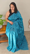 Cyan blue lined noil tussar silk saree -LNC08