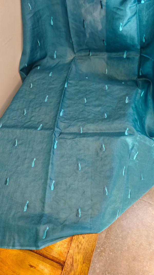Cyan blue lined noil tussar silk saree -LNC08