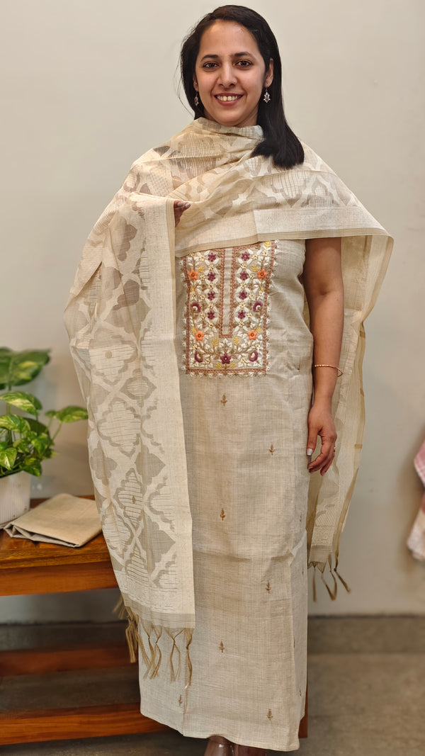 Beige chanderi linen hand embroidered suit